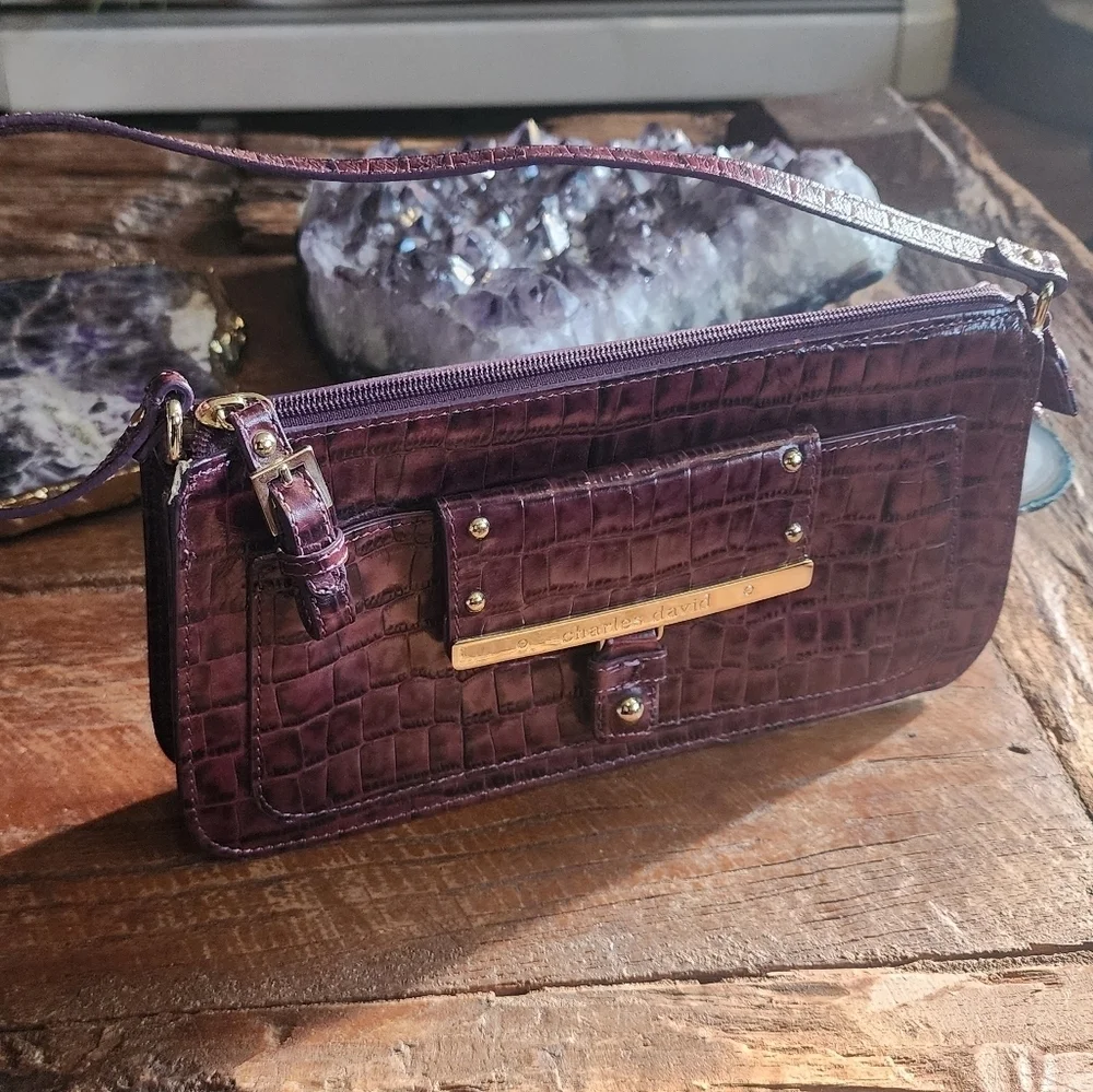 Charles David Purple Leather with Gold hardware Purse - Animal Embossed Print